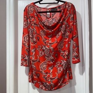 NY&C Red Orange Patterned Long Sleeve Blouse - LARGE